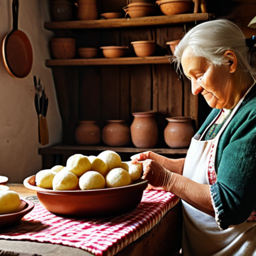 Home 4 **
Prompt: A cozy, warmly lit Lithuanian kitchen scene. An older woman with a kind face is preparing cepelinai, large potato dumplings, at a rustic wooden table. Around her are traditional Lithuanian pottery and linens. The atmosphere is inviting and comforting, evoking a sense of heritage and slow living. Focus on the textures of the food and the warm color palette.