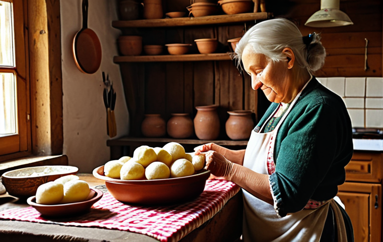 **
Prompt: A cozy, warmly lit Lithuanian kitchen scene. An older woman with a kind face is preparing cepelinai, large potato dumplings, at a rustic wooden table. Around her are traditional Lithuanian pottery and linens. The atmosphere is inviting and comforting, evoking a sense of heritage and slow living. Focus on the textures of the food and the warm color palette.