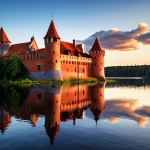 **Prompt:** Trakai Island Castle at sunset. The red brick castle is glowing in the golden light, reflected in the calm, deep blue waters of Lake Galvė. A few wisps of clouds are visible in the colorful sky.