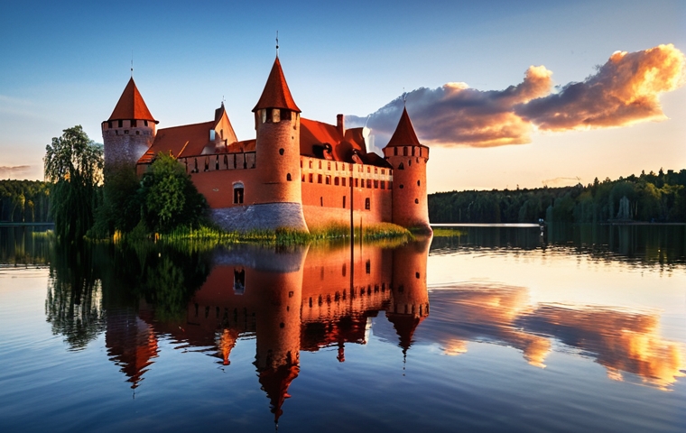 **Prompt:** Trakai Island Castle at sunset. The red brick castle is glowing in the golden light, reflected in the calm, deep blue waters of Lake Galvė. A few wisps of clouds are visible in the colorful sky.