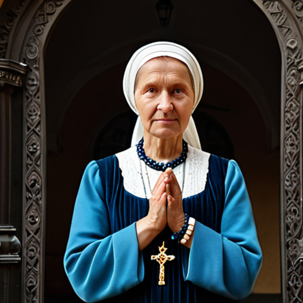 A dignified, middle-aged Lithuanian woman, fully clothed in modest, traditional-inspired attire, standing with a contemplative and serene expression. Her hands are gently clasped or holding simple rosary beads. The background features the historic Gate of Dawn (Aušros Vartai) in Vilnius, showcasing its intricate baroque architecture, bathed in soft, ethereal natural light. The overall image conveys deep devotion, resilience, and a profound connection to cultural heritage. Perfect anatomy, correct proportions, natural pose, well-formed hands, proper finger count, natural body proportions, high-resolution professional photography, photorealistic, cinematic lighting, safe for work, appropriate content, fully clothed, modest, family-friendly.