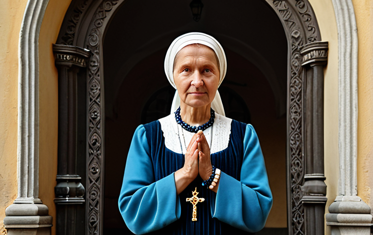A dignified, middle-aged Lithuanian woman, fully clothed in modest, traditional-inspired attire, standing with a contemplative and serene expression. Her hands are gently clasped or holding simple rosary beads. The background features the historic Gate of Dawn (Aušros Vartai) in Vilnius, showcasing its intricate baroque architecture, bathed in soft, ethereal natural light. The overall image conveys deep devotion, resilience, and a profound connection to cultural heritage. Perfect anatomy, correct proportions, natural pose, well-formed hands, proper finger count, natural body proportions, high-resolution professional photography, photorealistic, cinematic lighting, safe for work, appropriate content, fully clothed, modest, family-friendly.