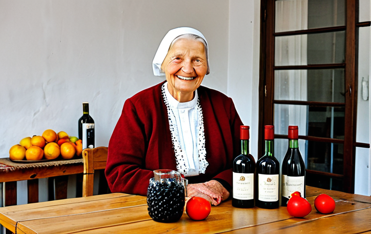 Lithuanian Fruit Wine Tasting**
"A brightly lit, cozy farmhouse kitchen. A wooden table is set with several glasses of deep red fruit wine. Bottles labeled with handwritten labels stand behind them. In the background, an elderly woman in a traditional Lithuanian dress (fully clothed, modest clothing) smiles warmly. Perfect anatomy, correct proportions, natural pose, well-formed hands, proper finger count, natural body proportions, professional photography, high quality, safe for work, appropriate content, fully clothed, family-friendly."
**