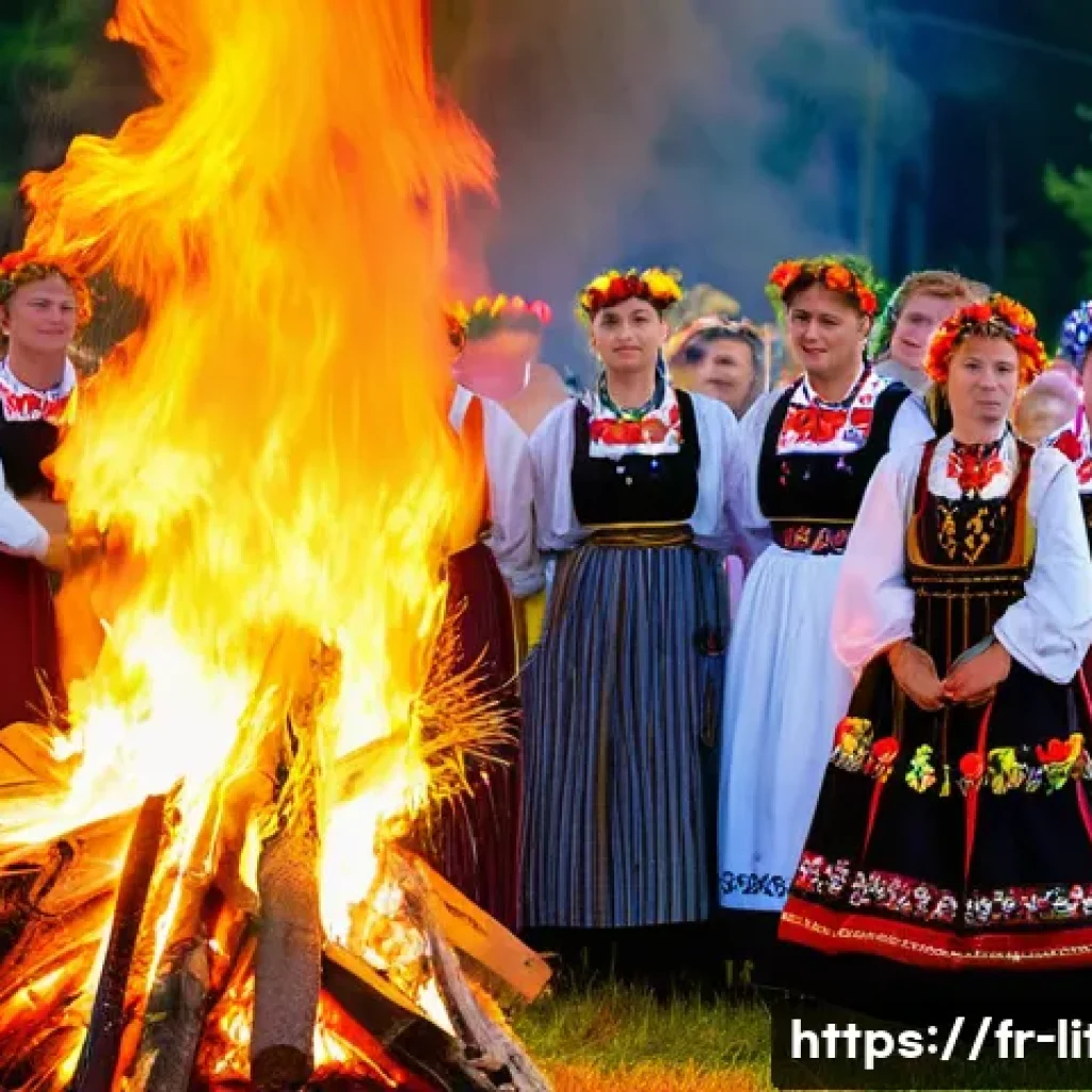 리투아니아 민족 구성과 특징 - A vibrant Lithuanian village festival scene during Joninės, the midsummer solstice celebration, feat...
