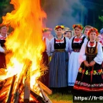 리투아니아 민족 구성과 특징 - A vibrant Lithuanian village festival scene during Joninės, the midsummer solstice celebration, feat...