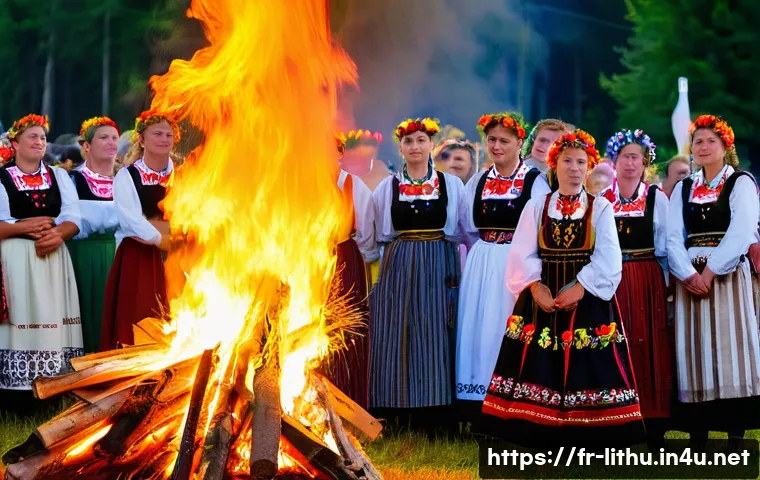 리투아니아 민족 구성과 특징 - A vibrant Lithuanian village festival scene during Joninės, the midsummer solstice celebration, feat...