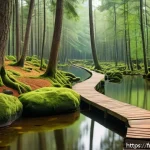 리투아니아 인기 관광지 - A serene forest trail in Auk&scaron;taitija, Lithuania, featuring towering ancient pine trees lining a narr...