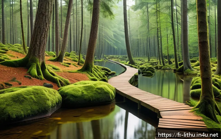 리투아니아 인기 관광지 - A serene forest trail in Auk&scaron;taitija, Lithuania, featuring towering ancient pine trees lining a narr...