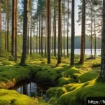 리투아니아 바스카스 왕국 시대 - A serene, lush Baltic forest landscape at dawn with soft sunlight filtering through tall pine and bi...