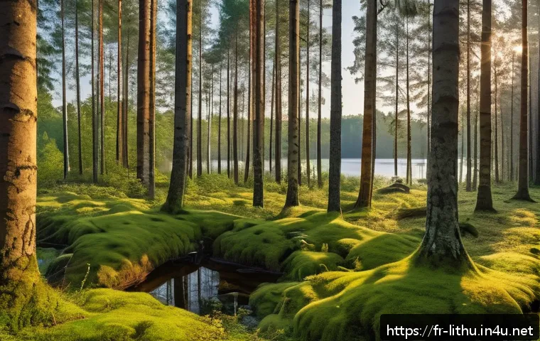 리투아니아 바스카스 왕국 시대 - A serene, lush Baltic forest landscape at dawn with soft sunlight filtering through tall pine and bi...