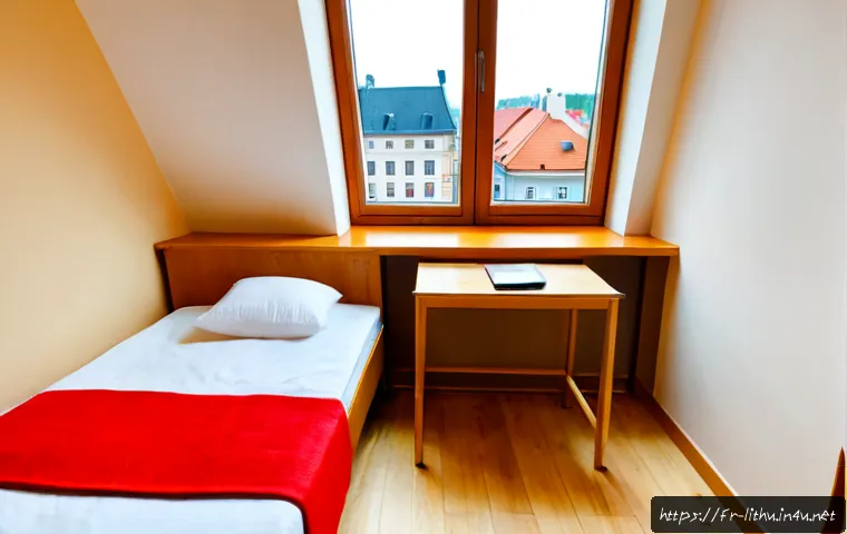 Home 17 리투아니아 저렴한 숙소 추천 - Photorealistic budget guesthouse room in Vilnius, Lithuania, clean compact space with a neatly made ...